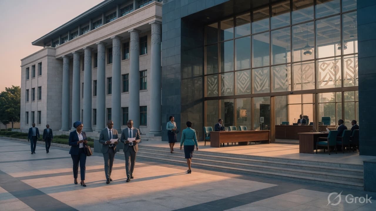 Civic plaza and public-sector offices at dusk